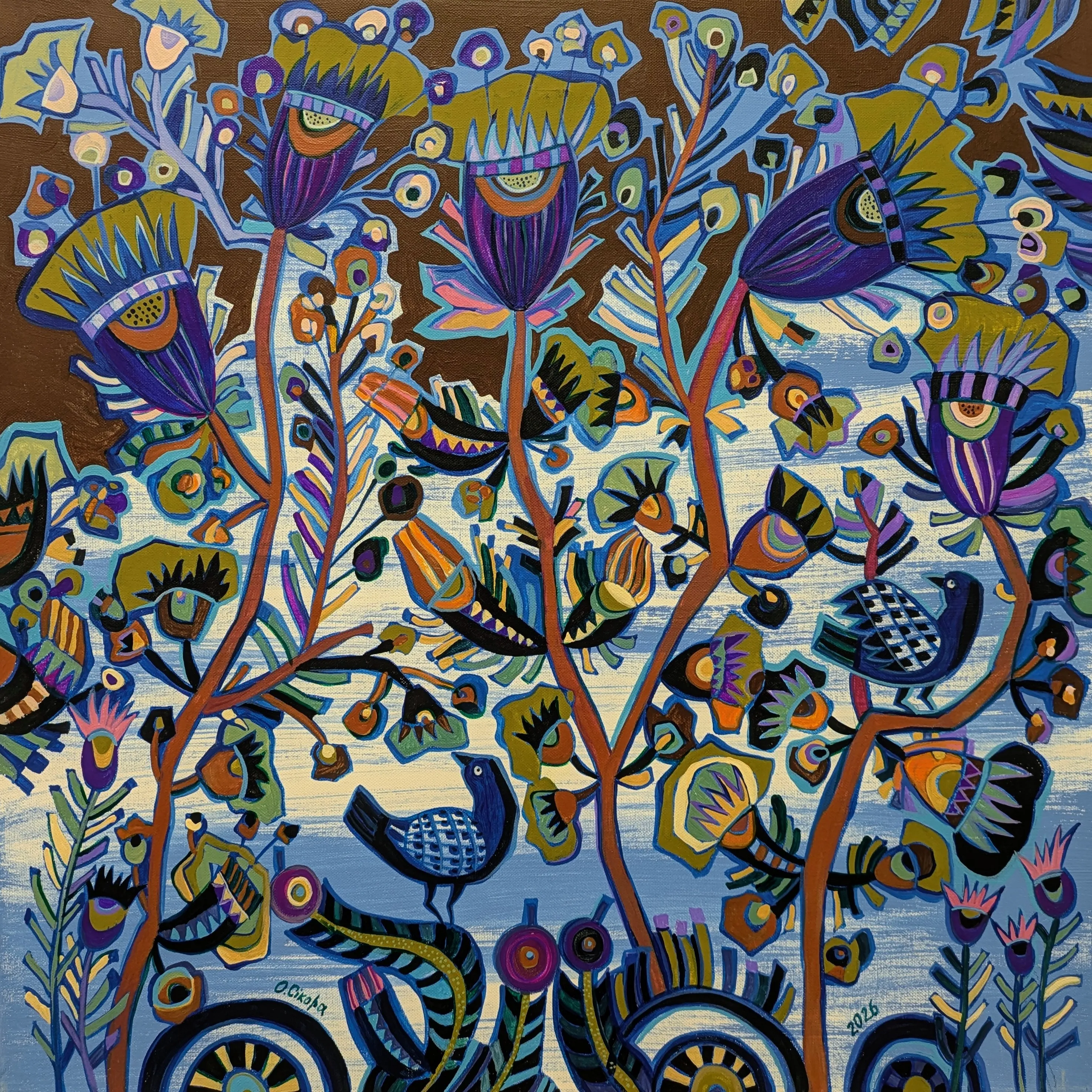 Image of Зимові квіти  by Olesya Sikora, size: 50×50 см, made of полотно, акрил, from Дрогобич , part of the Квіти і пташки series, priced at ₴13000