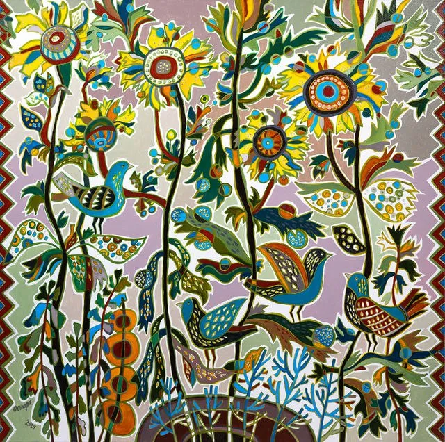 Зображення "Сонячно" від Олеся Сікора, розмір: 90х90 см, матеріали: полотно, акрил, медіум: Живопис на склі, місто: Дрогобич, серія: Квіти і пташки, ціна: ₴26000 Фото 1 з 2.