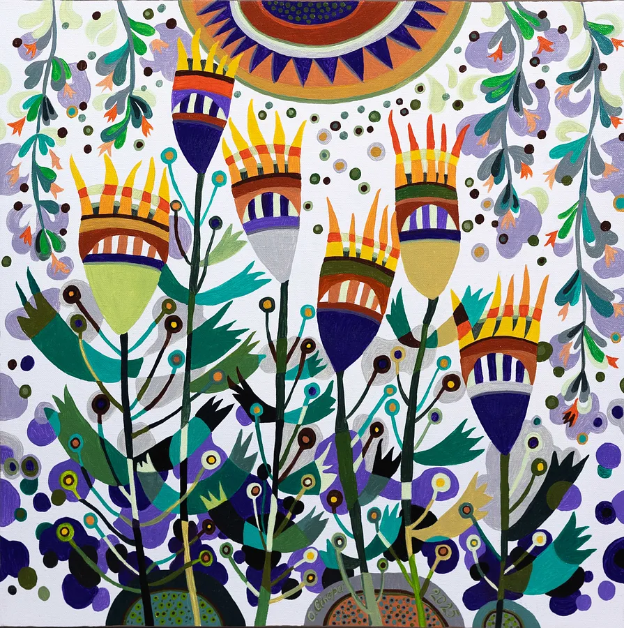 Image of Harbingers of the Sun by Olesya Sikora, size: 50х50 см, made of canvas, acrylic, Painting medium, from Drohobych, part of the Квіти і пташки series, priced at ₴13000