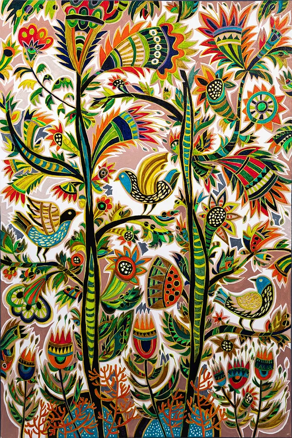 Зображення "Райські пташки" від Олеся Сікора, розмір: 70х100 см, матеріали: полотно, акрил, медіум: Живопис, місто: Дрогобич, ціна: ₴27000