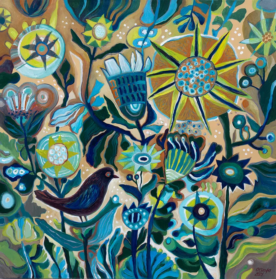 Зображення "Літо. Пташки." від Олеся Сікора, розмір: 60х60 см, матеріали: полотно, олія, медіум: Живопис, місто: Дрогобич, ціна: ₴13000